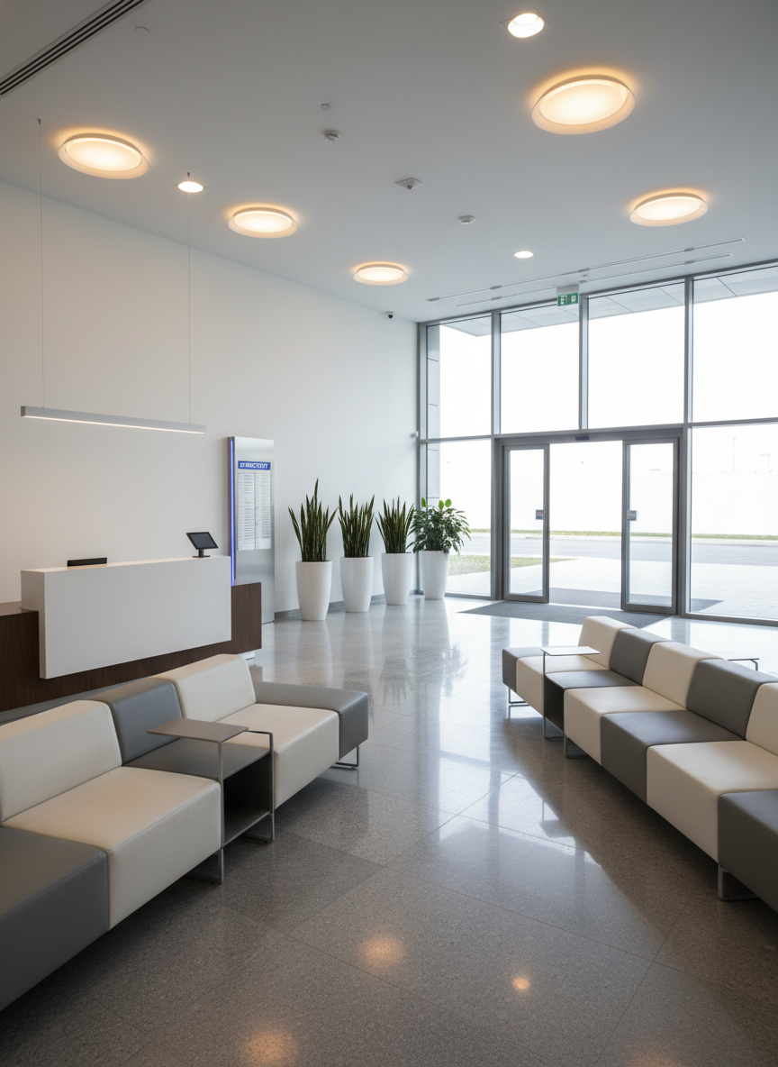A bright, contemporary office lobby that has just been serviced by an unseen facilities team, with polished stone flooring reflecting overhead lights, precisely aligned seating, and an impeccably maintained reception desk free of clutter. A brushed-metal directory pillar and neatly arranged indoor plants in minimalist planters convey a professional business environment. Large glass doors at the entrance reveal a clean exterior walkway. Soft natural daylight streams in from the glass facade, balanced by warm recessed ceiling lighting, creating gentle, inviting shadows. Shot in photographic realism from a slightly elevated, wide-angle perspective, using the rule of thirds to emphasize both the lobby and entrance, conveying reliability, attention to detail, and day-to-day efficiency.