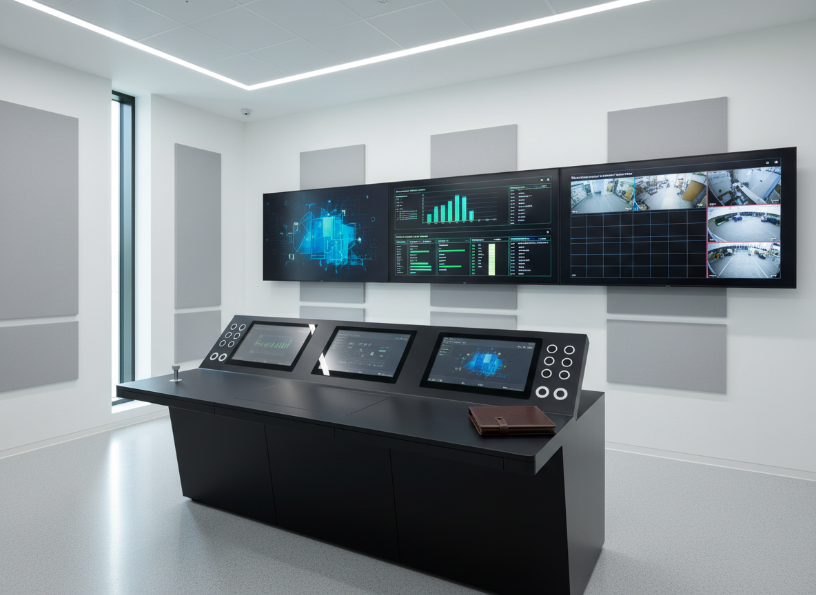 A meticulously organized, modern facilities control room featuring multiple large wall-mounted displays showing building energy usage, maintenance schedules, and security camera feeds, all with abstract, non-readable graphics. In the foreground, a sleek, matte-black control console with neatly arranged touchscreens, labeled indicator lights, and a closed leather-bound planning folder suggests strategic oversight. The room has clean white walls, subtle acoustic panels, and cable-free floors, emphasizing operational efficiency and cost control. Cool, diffused LED ceiling lights combine with soft daylight from a high side window, creating crisp reflections on the screens. Photographic realism, eye-level composition with a slight wide-angle lens, sharp focus throughout, and a calm, professional atmosphere suitable for a facilities management homepage hero image.